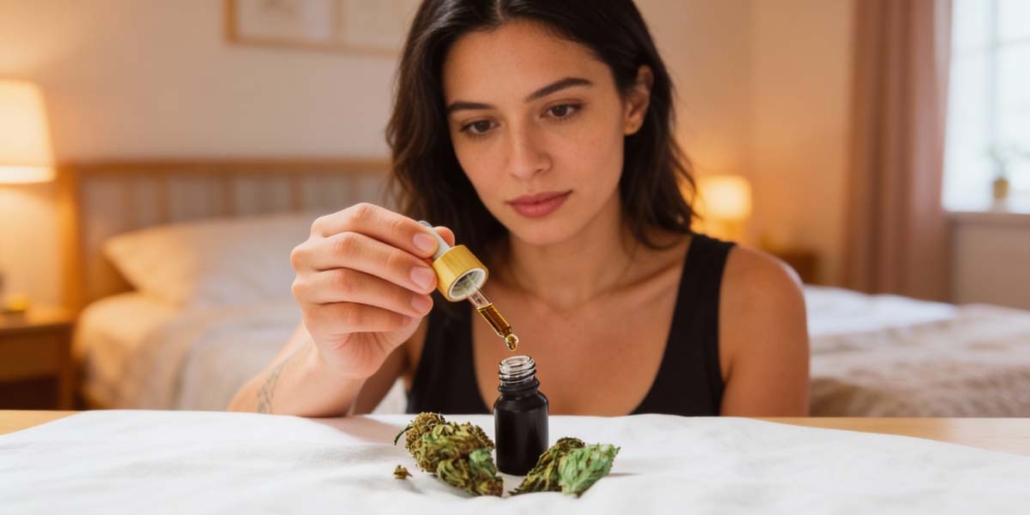 cannabis-extrakt-oel-tropfen-dranabinol-thc-synthetisch-wirkung-effekt-alternative-kapsel-tablette-apotheke-frau-zuhause-schlafzimmer-einnahme-dosierung