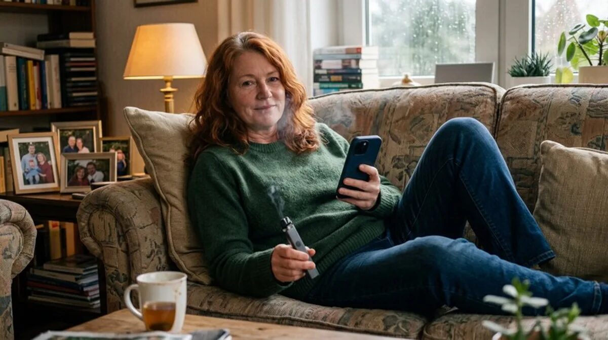 frau entspannt sofa zuhause smartphone