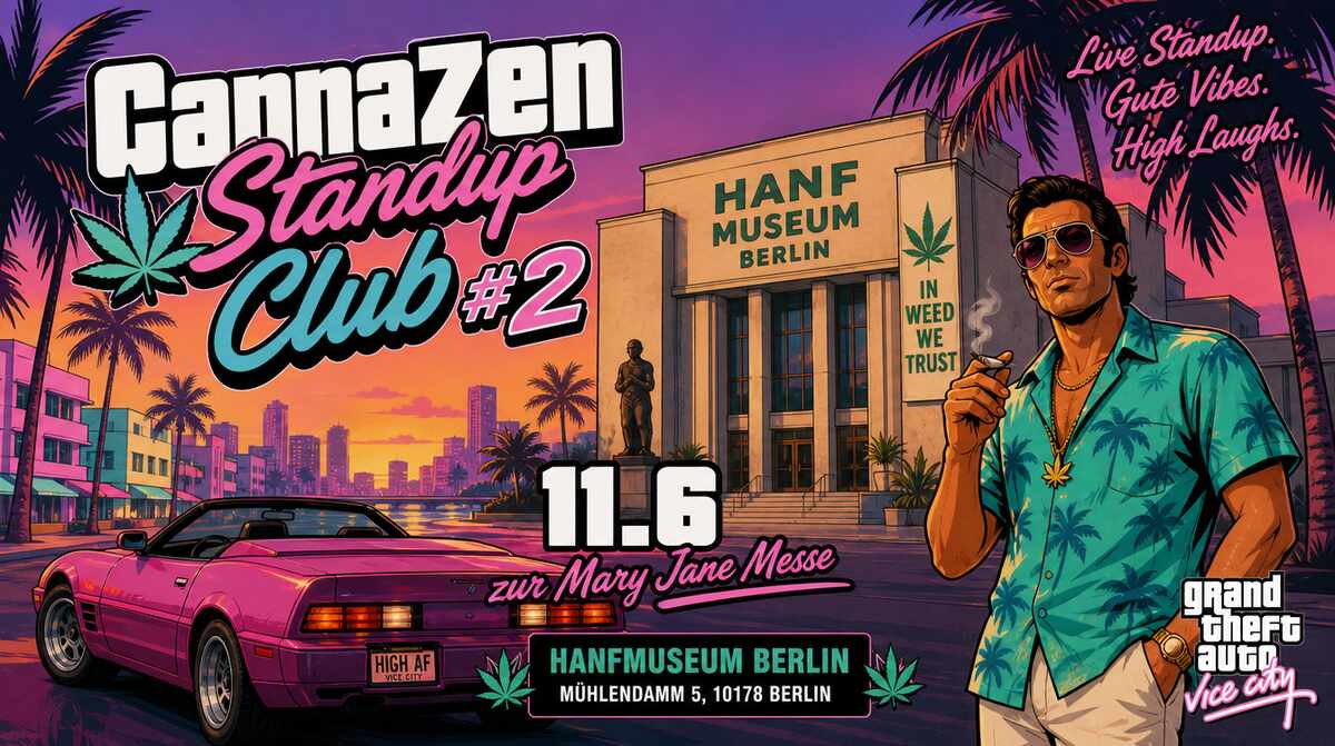 zen comedy club 2 cannazen hanfmuseum berlin miami vice poster standup comedy event 2026