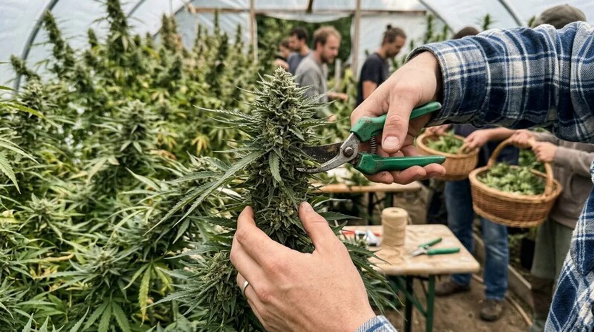 anbauverein cannabis ernte gewaechshaus schere