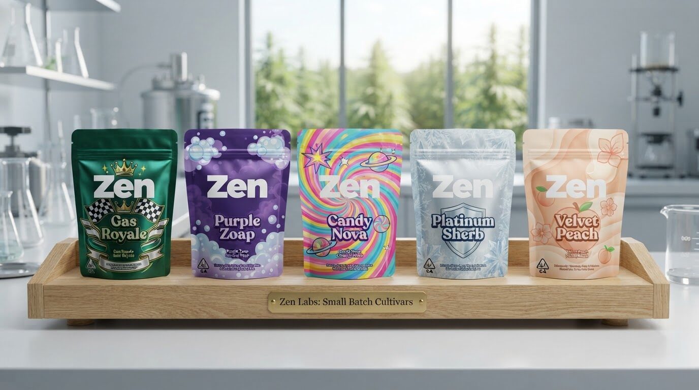 Alle fünf neuen CannaZen-Eigenkreationen: Gas Royale, Purple Zoap, Candy Nova, Platinum Sherb, Velvet Peach